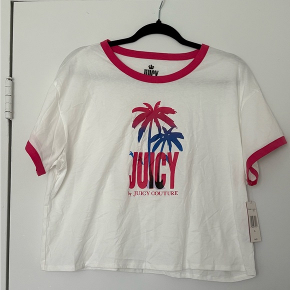 Juicy Couture White Tee with Pink and Blue Palm Graphic - Picture 1 of 5